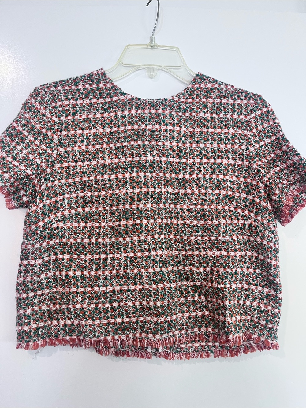 Mango Pink Multi Tweed Short-Sleeve Crop Top